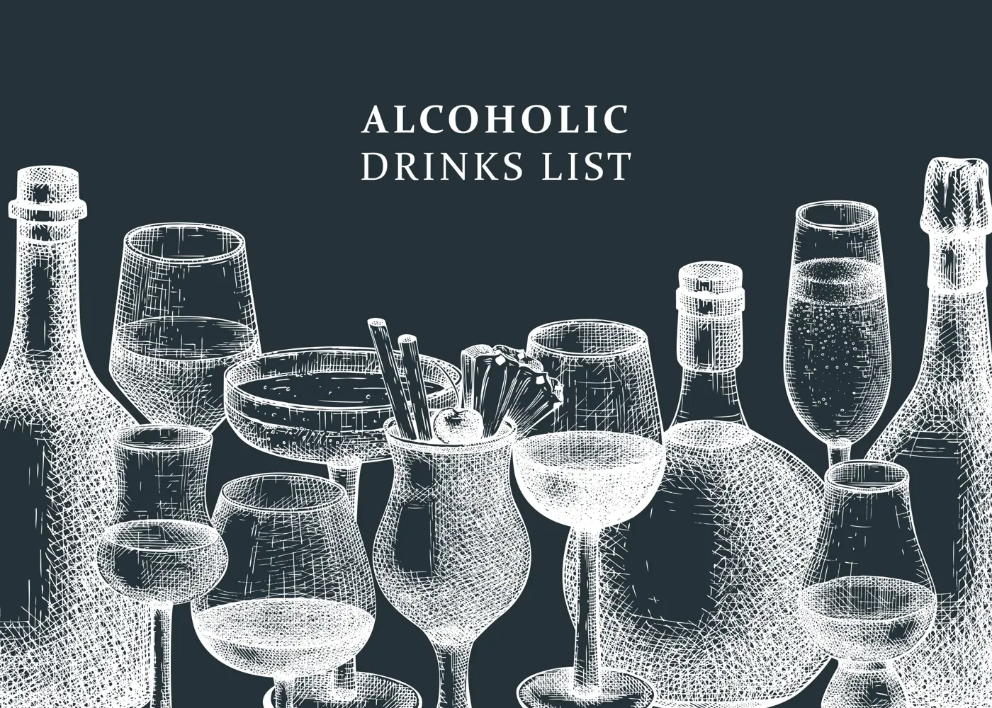 Vintage background with hand-sketched alcoholic drinks. Vector bottles and glasses hand-draw banner design. Alcoholic beverages template for bar or restaurant menu on chalkboard Illustration